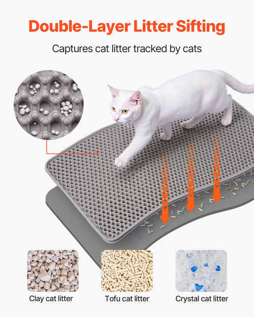 Cat walking on a grey honeycomb litter mat with litter falling through to the layer below