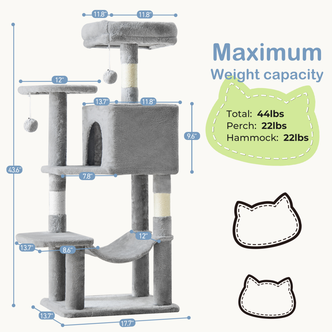 Cat tree dimensions and weight capacity (grey shown)