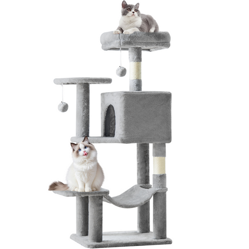 Light grey 44-inch cat tree with condo, hammock and two cats