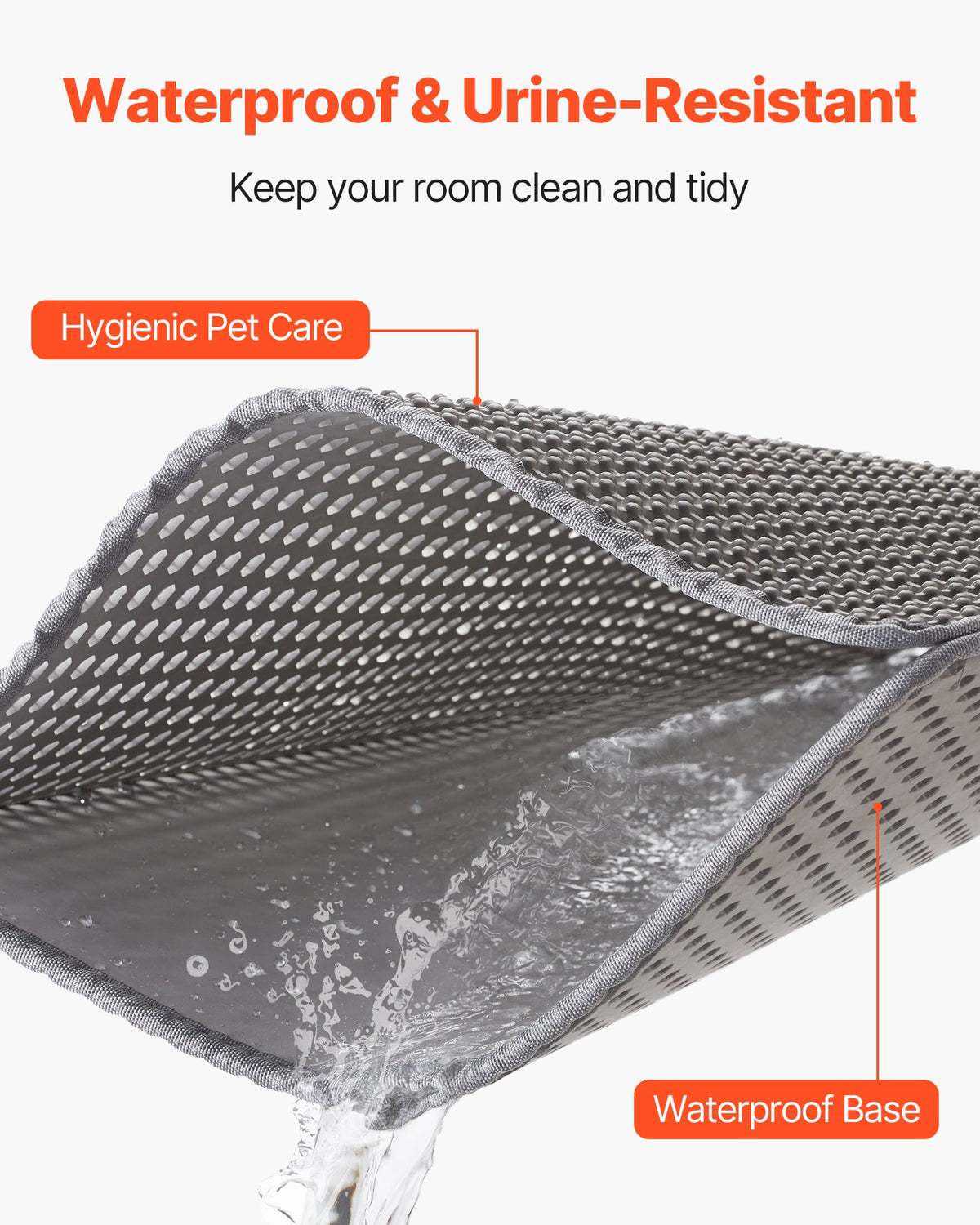 Waterproof base of the grey litter mat with water running off the underside