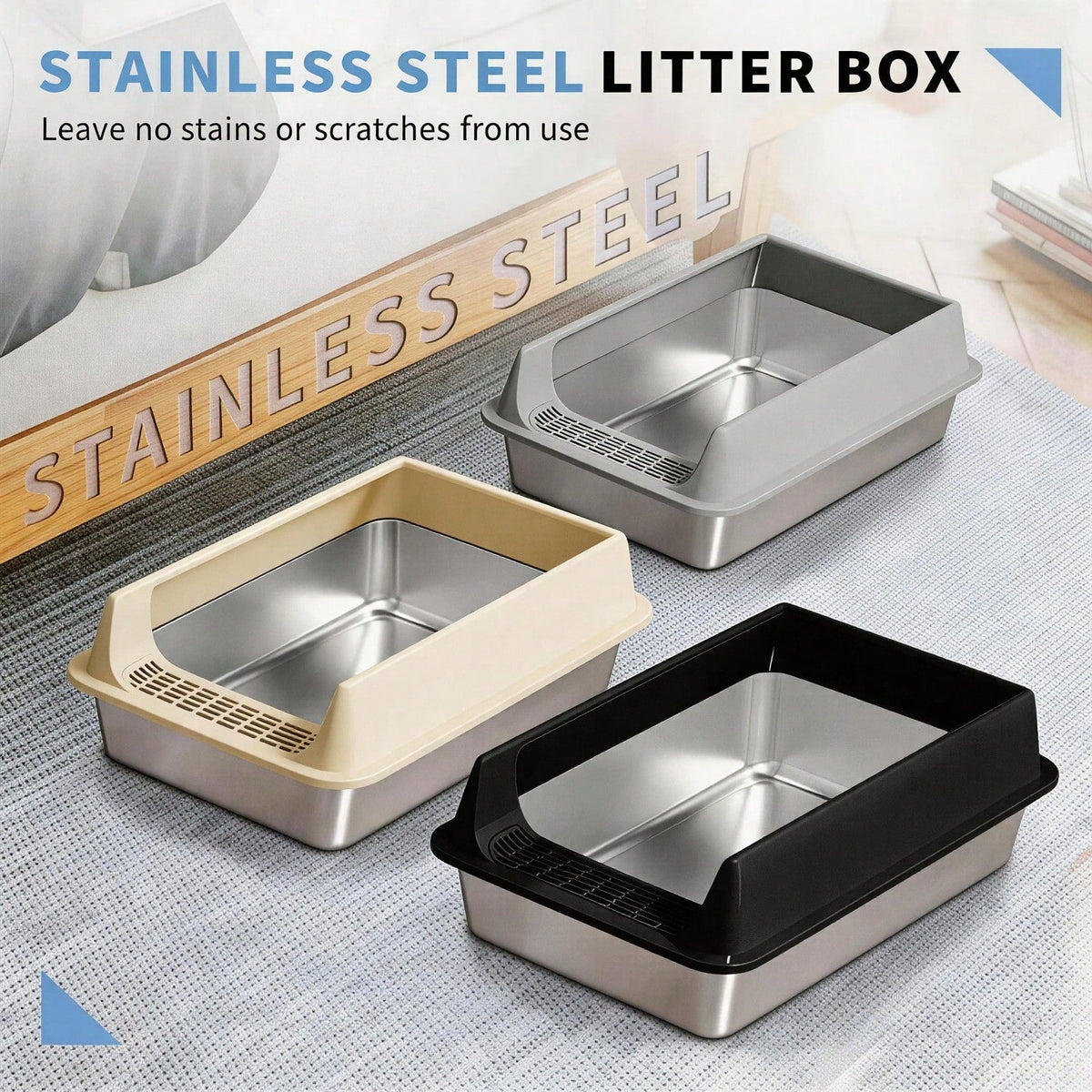 Stainless steel cat litter boxes in black, gray and khaki